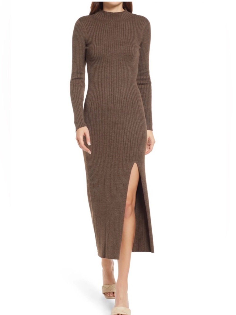 ASTR the label- Ribbed Long Sleeve Sweater Dress with Side Slit